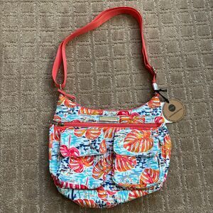 Samantha Brown To-Go Double Pocket Hobo Bag‎ Paradise Waters Tropical Leaf NWT